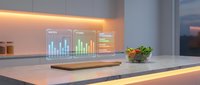 Modern kitchen counter with glowing orange ambient lighting, digital data analytics charts displayed on wall screen, wooden cutting board, and fresh potted plant for contemporary home or office design.
