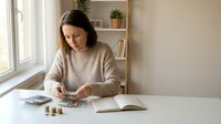 Young woman calculating personal finances at home desk with calculator and coins for budgeting and money management planning.