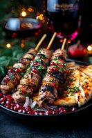 Grilled meat skewers with pomegranate seeds and herbs on dark plate. Festive dinner setting with bokeh lights and naan bread. Holiday food photography.
