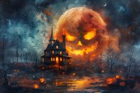 Spooky Halloween night with haunted mansion and giant jack-o-lantern moon glowing ominously over misty forest landscape.