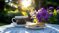 Morning coffee cup and pastries on white lace tablecloth with purple petunias in garden setting, golden sunlight streaming through trees creates bokeh effect.