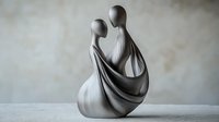 Minimalist sculpture of embracing couple in flowing abstract form, smooth white ceramic finish creates elegant curves and movement expressing love and unity.