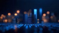 Futuristic cityscape with glowing blue skyscrapers against dark background with bokeh lights, digital technology concept for business and innovation.