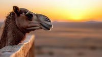 Camel head profile against golden desert sunset with warm orange sky and mountain silhouettes in background creating peaceful wildlife scene.