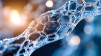 Macro view of nanotechnology structure with hexagonal mesh pattern in blue tones against dark background with bokeh lights creating futuristic science atmosphere.