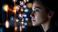 Young woman with dark hair in profile view with digital interface icons and glowing lights, representing technology innovation and future connectivity.