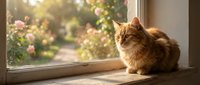 Orange tabby cat sitting on wooden windowsill looking outside at blooming garden with warm sunlight streaming through glass creating peaceful domestic scene.