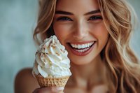Young woman with long blonde wavy hair and fair complexion holding vanilla soft serve ice cream cone, smiling brightly. Suitable for food, lifestyle, and summer beverage marketing.