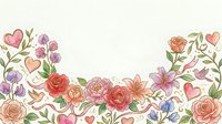 Watercolor floral border with roses, hearts, and botanical elements on white background. Romantic design for wedding invitations, greeting cards, and decorative projects.