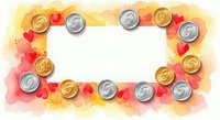 Watercolor frame with gold and silver coins, red hearts on warm yellow orange background. Blank white space for text, romantic money concept for Valentine's Day cards.