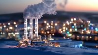 Industrial power plant with smoking chimneys at dusk, aerial view of illuminated factory complex with steam emissions against city lights background, tilt shift effect.