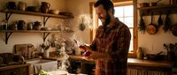 Bearded man in plaid shirt seasoning food while cooking in rustic kitchen with wooden shelves and pottery. Home chef preparing meal with spices and herbs.