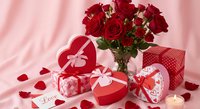 Red roses bouquet with heart-shaped gift boxes and romantic decorations on pink background for Valentine's Day celebration and love expressions.