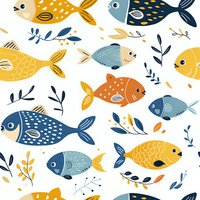 Playful fish pattern in blue and yellow with decorative floral elements on white background. Seamless repeat design for fabric, wallpaper, and children room decor.