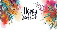 Festive Sukkot greeting card design with watercolor palm leaves, citrus fruits and floral elements in vibrant autumn colors on soft gradient background.