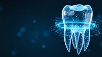 Digital tooth hologram with glowing particles and circular energy rings on dark blue background for dental technology and healthcare innovation concepts.