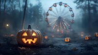 Glowing jack-o'-lantern in misty forest with illuminated ferris wheel and scattered pumpkins creating eerie Halloween atmosphere.