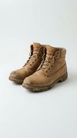 Pair of worn tan leather work boots with lace-up closure and rugged soles, displayed on neutral background for footwear retail and construction industry use.