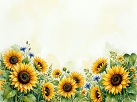 Watercolor sunflower border with wildflowers and green leaves on cream background for greeting cards, invitations and seasonal designs.