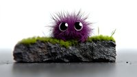 Cute purple furry monster character with big eyes peeking from mossy rock against light background, playful fantasy creature for children design projects.
