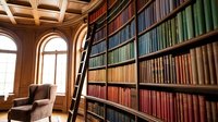 Classic library interior with wooden bookshelves filled with colorful books, rolling ladder, leather armchair and arched windows creating scholarly atmosphere.
