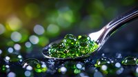 Shiny green caviar spheres on silver spoon with water drops and bokeh background, molecular gastronomy concept for luxury food presentation and fine dining.
