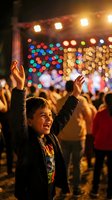 Young boy celebrating at outdoor festival with colorful stage lights and crowd. Child with arms raised enjoying live music concert atmosphere at night event.