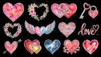 Romantic heart shapes with floral wreaths, wings, and decorative elements isolated on transparent background. Ready for t-shirt designs, stickers, clipart, sublimation, print-on-demand products, and digital crafts.