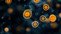 Glowing orange microscopic cells floating in dark blue space with bokeh effect, showing detailed cellular structure and bioluminescent patterns. Scientific concept.
