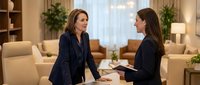 Two professional businesswomen in dark suits having meeting in modern office lobby with documents, corporate consultation and partnership discussion.
