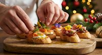 Hands preparing festive holiday appetizers on wooden board with Christmas tree lights in background. Perfect for seasonal cooking and entertaining content.