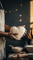Baker hands holding fresh bread dough in rustic kitchen with warm lighting and traditional baking tools for artisan cooking and homemade food preparation.