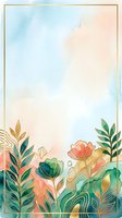 Watercolor floral frame with gold outline, teal and coral flowers, green leaves on pastel background, elegant botanical border for cards and invitations.