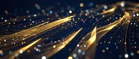 Abstract golden light trails flowing through dark space with glowing particles and bokeh effects creating dynamic energy waves for technology backgrounds.