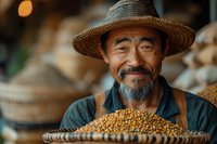 Smiling senior Asian farmer holding basket of harvested grains at local market, wearing traditional straw hat and blue shirt against blurred background of woven baskets.