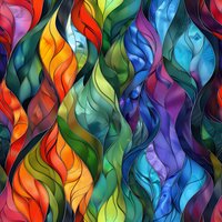 Vibrant wavy pattern with intertwining colorful curves creating dynamic movement. Rainbow spectrum flows through organic shapes in seamless repeat for fabric and wallpaper designs.