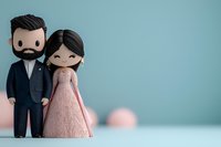 Cute wedding cake topper figurines of bride in pink lace dress and bearded groom in suit against soft blue background with copy space for wedding design.