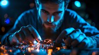 Bearded man in dark setting manipulates miniature city lights creating magical urban landscape effect with blue ambient lighting and bokeh reflections.