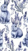 Watercolor seamless pattern with gray bunnies and lavender flowers on white background. Gentle nursery art for fabric, wallpaper, and children decor.