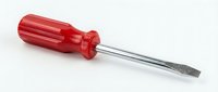 Red handled flathead screwdriver with metal shaft isolated on white background for repair and maintenance projects.