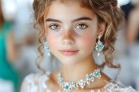 Young Caucasian bride with natural makeup, curly updo hairstyle, wearing crystal jewelry set and lace wedding dress. Soft romantic portrait with blurred background.