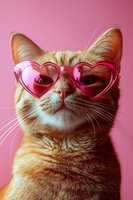 Orange tabby cat wearing pink heart-shaped sunglasses on pink background for Valentine's Day greeting cards and romantic pet photography projects.