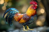 Majestic rooster with vibrant golden and blue feathers standing proudly on rock against blurred bokeh background, displaying colorful plumage and red comb.