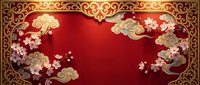Traditional Chinese red background with golden ornate border featuring decorative clouds and cherry blossoms for lunar new year celebrations and festive designs.