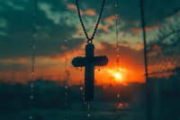 Silhouette of cross pendant necklace against dramatic sunset sky with orange and teal colors, creating spiritual atmosphere.