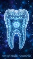 Digital tooth with circuit board patterns and glowing blue lights on starry background representing futuristic dental technology and smart healthcare solutions.