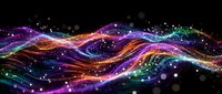 Abstract digital wave with vibrant neon colors and glowing particles on black background for modern technology and futuristic design projects.