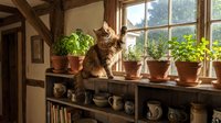 Tabby cat standing on wooden shelf near sunny window with potted plants and books, rustic interior design with natural light and greenery.