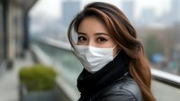 Young Asian woman wearing white medical face mask and black scarf outdoors in urban setting during pandemic for health protection and safety measures.