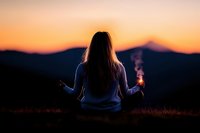Young woman meditating on mountain top at sunset, silhouette against orange sky, holding smoking incense, long hair flowing, peaceful solitude in nature.